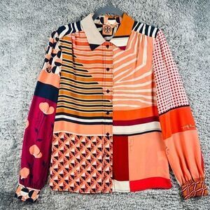 Tory Burch Silk Blouse Shirt Size 8 Geometric Pattern vintage button down